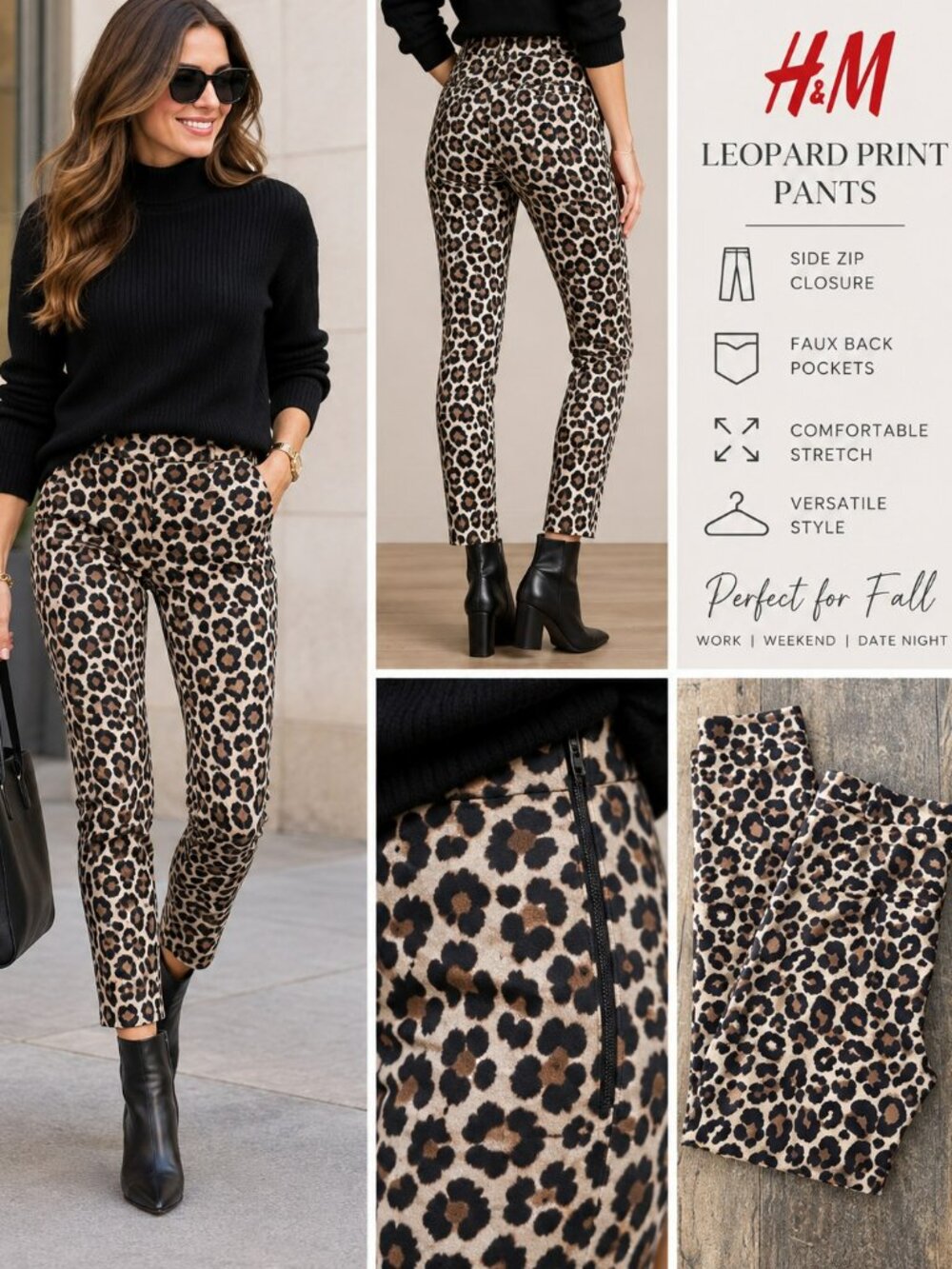 H&M Leopard Print Side Zip Pants Size 4 Stretch Skinny Ankle Fall Y2K